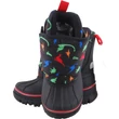 Lee Cooper, fekete alapon színes dino mintás, nagy gumi orrú, bundás, tépőzáras fiú bakancs felülről.