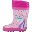 Wink, rózsaszín-pink, unikornisos-szivecskés, lila talpú, bélelt, behúzós kislány gumicsizma oldalról.