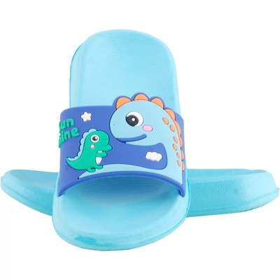 Türkiz-narancs, dínó mintás, kisfiú strandpapucs felülről.