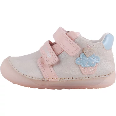 Bronz-rózsaszín, muffin mintás, barefoot, két tépőzáras dd step kislány cipő oldalról.