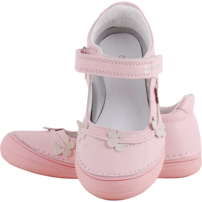 Rózsaszín, virágos, tépőzáras, nagy gumi orrú, dd step pántos balerina cipő felülről.