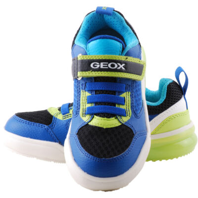 Geox, világító talpú, kék-neon, gumifűzős-tépőzáras, lélegző talpú cipő
