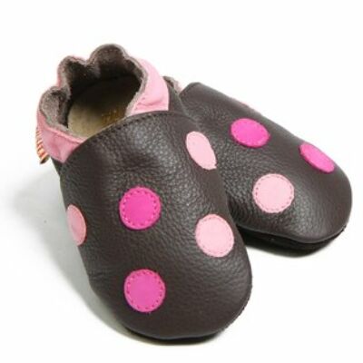 Liliputi barna, ciklámen-rózsaszín pöttyös, bőr puhatalpú cipő