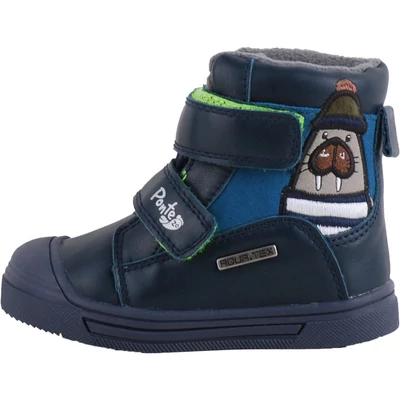 Sötétkék, oldalán rozmár mintás, sötétkék talpú, két tépőzáras, vízálló ponte20 supinált bakancs. Oldalnézeből.