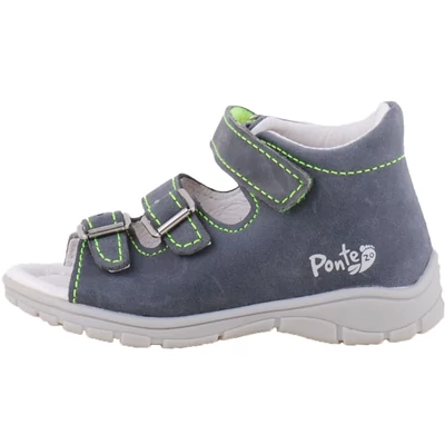 Sötétszürke-neon varrású, 2 csat 1 tépőzáras, bőr, Ponte20, fiú supinált szandál. Oldalnézetből.