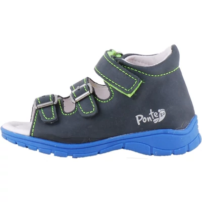 Sötétkék, 2 csat 1 tépőzáras, bőr, neon varrású, Ponte20 supinált szandál