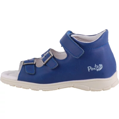 Középkék, fehér talpú, 2 csat 1 tépőzáras, Ponte20, fiú supinál szandál oldalnézetből.