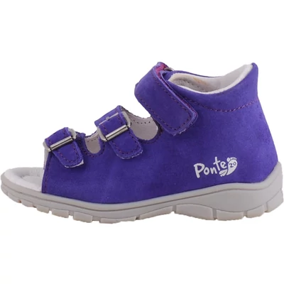Lila, szürke talpú, 2 csat 1 tépőzáras, Ponte20, fiú supinál szandál. Oldalnézetből.
