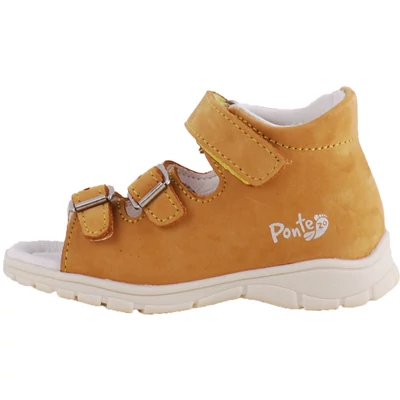 Mustársárga, fehér talpú, 2 csat 1 tépőzáras, Ponte20, fiú supinál szandál. Oldalnézetből.
