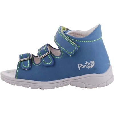 Kék, neonzöld varrású, szürke talpú, 2 csat 1 tépőzáras, Ponte20, fiú supinál szandál. Oldalnézetből.