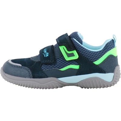 Sötétkék, neon csíkkal díszített, szürke talpú, gumi orrú, Superfit, fiú edzőcipő
