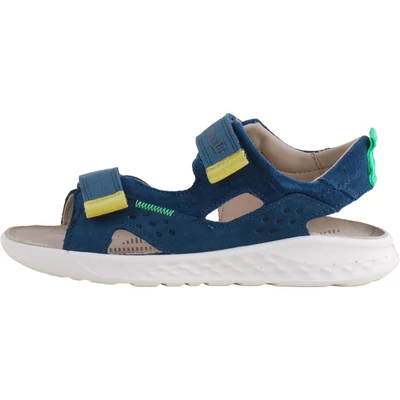 Superfit, kék-sárga, puha bőr, mezítláb is hordható, 2 tépőzáras, hajlékony talpú, nagyfiús szandál oldalról.