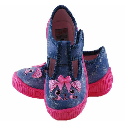Csillogós kék, pink cicás, nyitott, Superfit vászoncipő