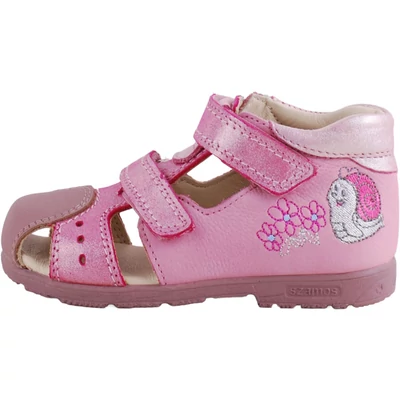 Szamos supinált, rózsaszín-pink, csigás, 2 tépőzáras, bőr, kislány, zárt orrú szandál oldalról.