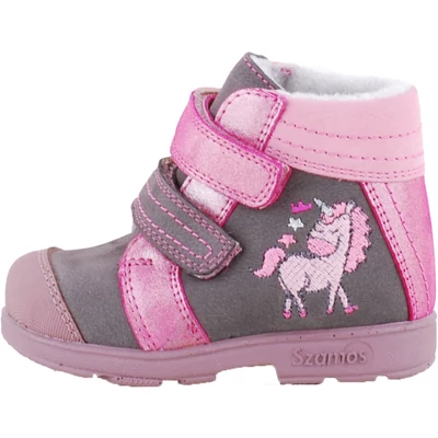Szamos supinált, szürke, pink, unikornis hímzéses, termo béléses, kislány bakancs oldalról.