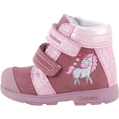 Mályva-rózsaszín, oldalán hímzett unikornisos, lila talpú, vízálló szamos supinált bakancs. Oldalnézetből.
