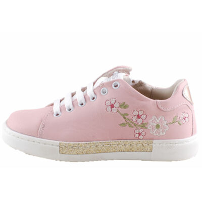 Rózsaszín, hímzett virágos, bőr, cipzáros-fűzős, prémium Asso cipő