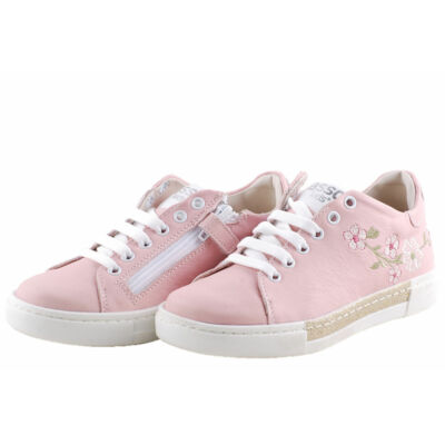 Rózsaszín, hímzett virágos, bőr, cipzáros-fűzős, prémium Asso cipő