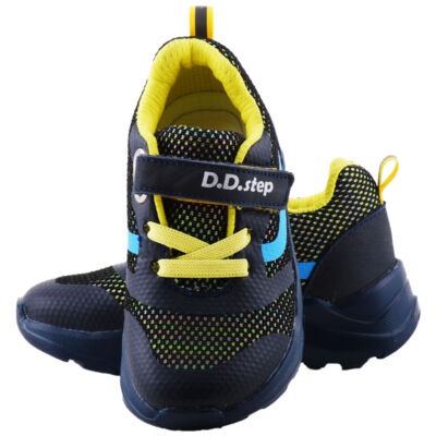 Kék-sárga gumifűzős, tépőzáras, hajlékony talpú dd step edzőcipő