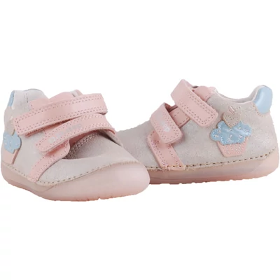 Bronz-rózsaszín, muffin mintás, barefoot, két tépőzáras dd step kislány cipő párban..