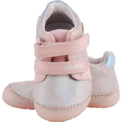 Bronz-rózsaszín, muffin mintás, barefoot, két tépőzáras dd step kislány cipő felülről..