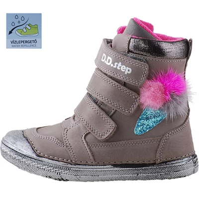 Szürke, pink pom-pom szőrmés, bundás, vízzáró réteggel kezelt, dd step bakancs