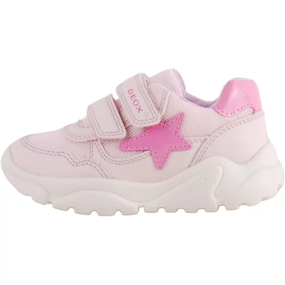 Rózsaszín, pink csillagos, lélegző, hajlékony talpú, Geox, lány, edzőcipő oldalról.