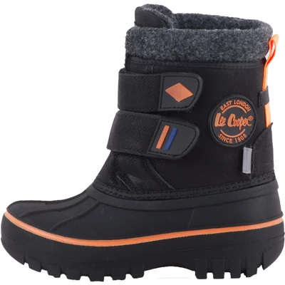 Lee Cooper, fekete-narancs, 2 tépőzáras, nagy gumi orrú, bundás fiú bakancs oldalról.