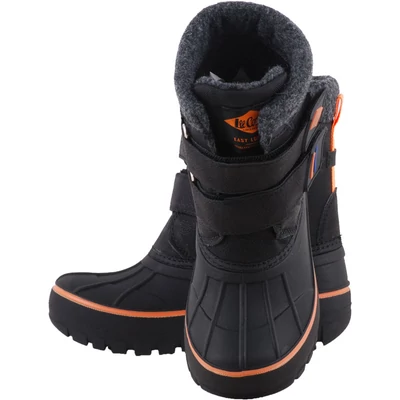 Lee Cooper, fekete-narancs, 2 tépőzáras, nagy gumi orrú, bundás fiú bakancs felülről.