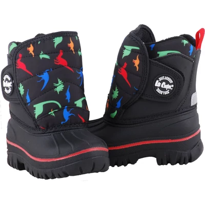 Lee Cooper, fekete alapon színes dino mintás, nagy gumi orrú, bundás, tépőzáras fiú bakancs párban.