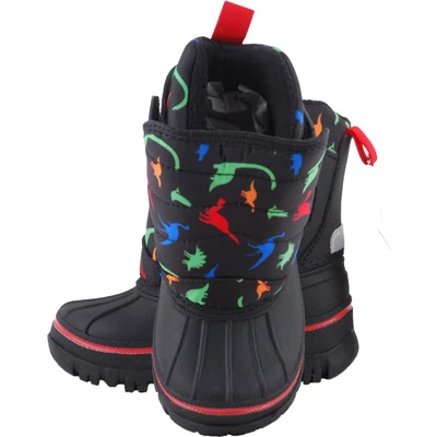 Lee Cooper, fekete alapon színes dino mintás, nagy gumi orrú, bundás, tépőzáras fiú bakancs felülről.