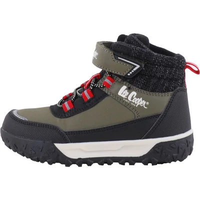 Lee Cooper, keki-fekete, gumifűzős-tépőzáras, enyhe bélésű, nagyfiú bakancs oldalról.