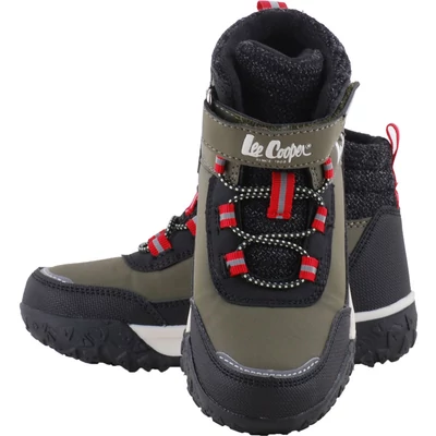 Lee Cooper, keki-fekete, gumifűzős-tépőzáras, enyhe bélésű, nagyfiú bakancs felülről.