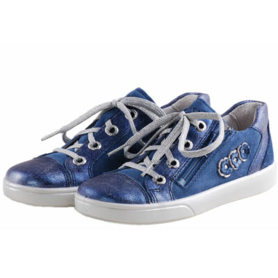 Csillogós kék, oldalt virágos, cipzáras, fűzős, lányka cipő