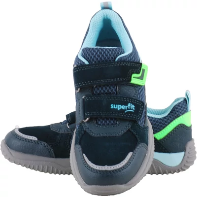 Neon csíkkal díszített, szürke talpú, gumi orrú, Superfit, fiú edzőcipő elölnézetben