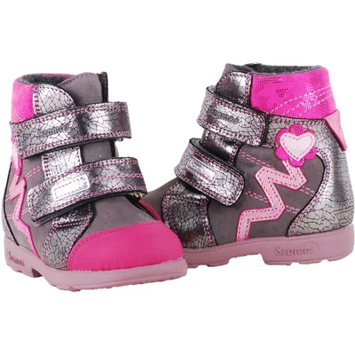 Szürke-pink, szívecskés, termo béléses, vízálló, Szamos supinált bakancs