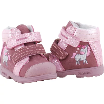 Mályva-rózsaszín, oldalán hímzett unikornisos, lila talpú, vízálló szamos supinált bakancs. Párban.