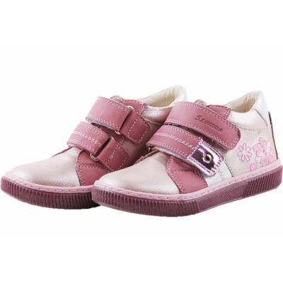 Rózsaszín-ezüst, virágos, hajlékony talpú Szamos cipő