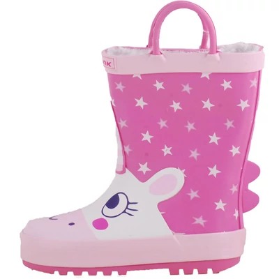 Wink, pink-rózsaszín, unikornisos-csillagos, bélelt, 2 oldalt fogantyús, kislány gumicsizma oldalról.
