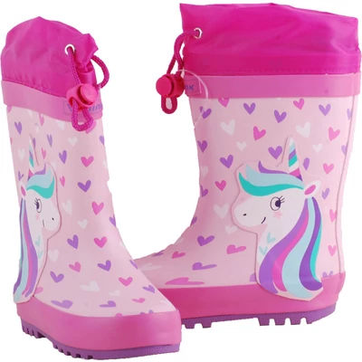Wink, rózsaszín-pink, unikornisos-szivecskés, lila talpú, bélelt, behúzós kislány gumicsizma párban.