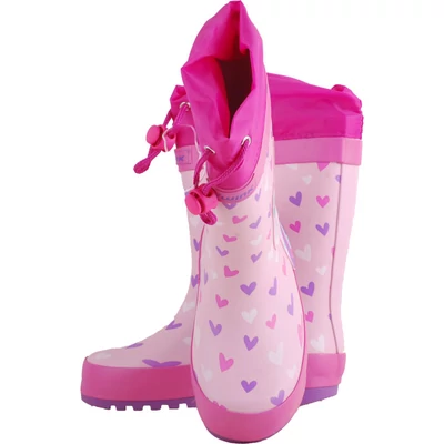 Wink, rózsaszín-pink, unikornisos-szivecskés, lila talpú, bélelt, behúzós kislány gumicsizma felülről.